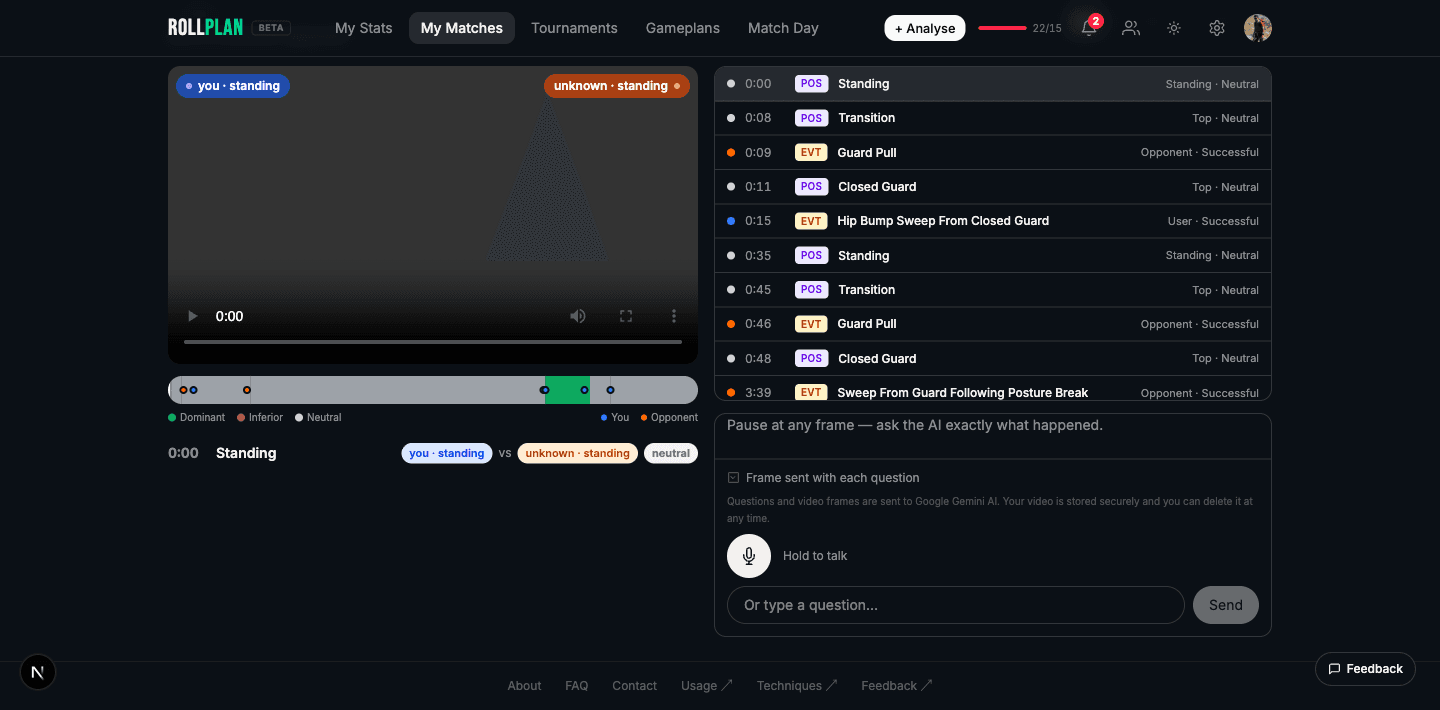 RollPlan Frame by Frame AI chat — synced to the video timeline with position and event breakdown